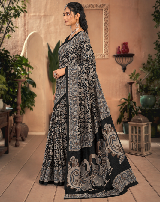 Srimoyee Traditional Black Floral Print Premium Cotton Saree