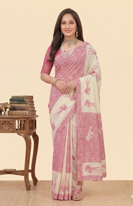 Srimoyee Pink & White Cotton Printed Saree