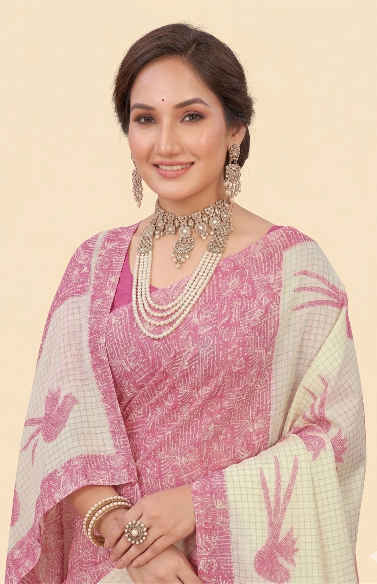 Srimoyee Pink & White Cotton Printed Saree