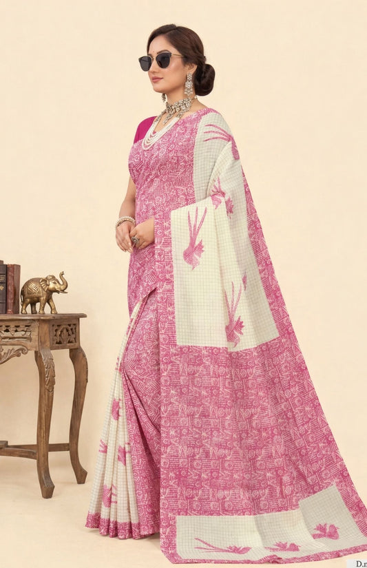 Srimoyee Pink & White Cotton Printed Saree