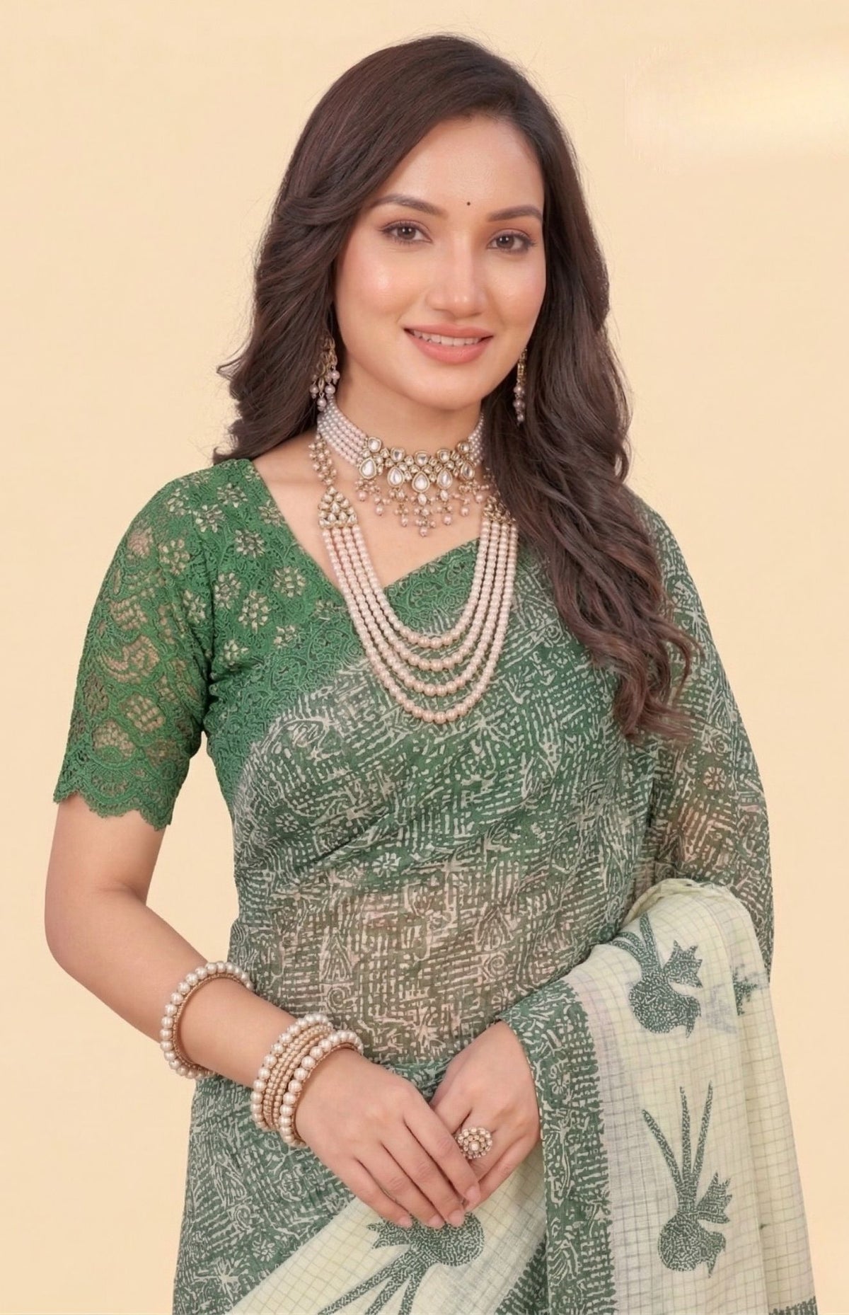 Srimoyee White & Green Saree