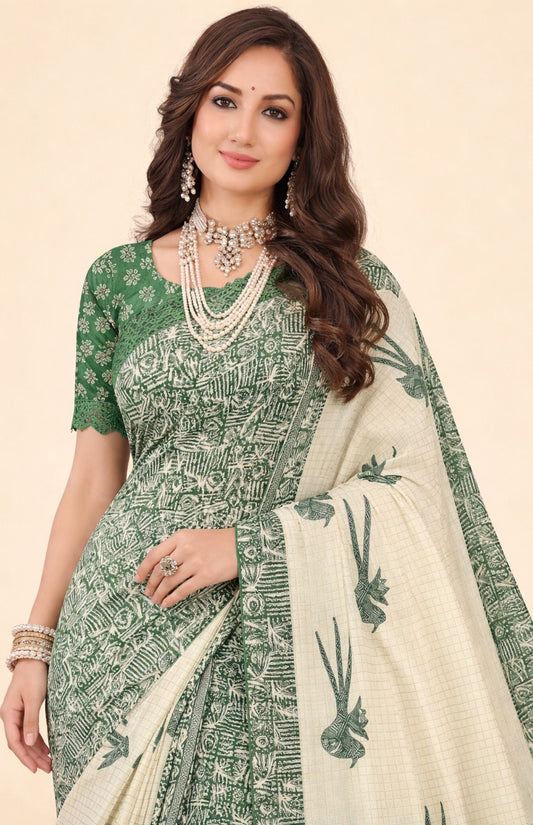 Srimoyee White & Green Saree