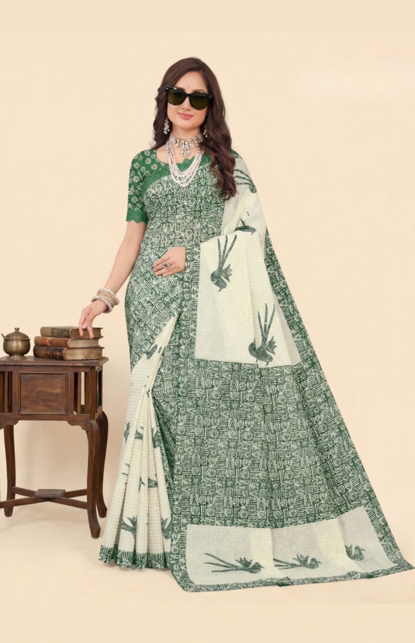 Srimoyee White & Green Saree