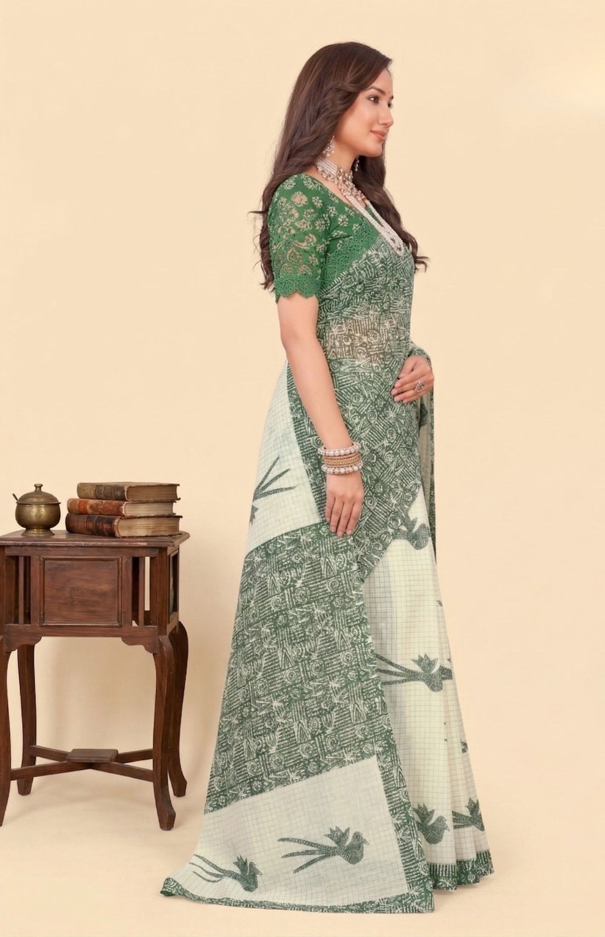 Srimoyee White & Green Saree