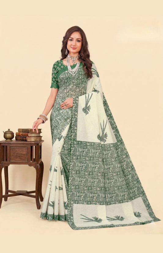 Srimoyee White & Green Saree