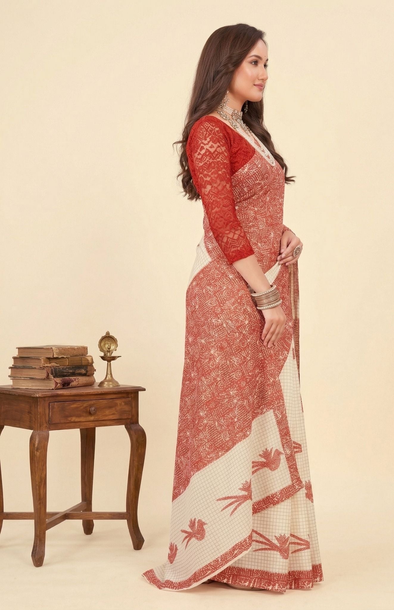 Srimoyee White & Red Shade Premium Cotton Saree
