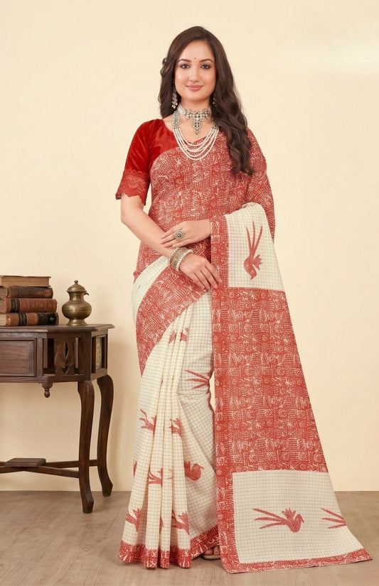 Srimoyee White & Red Shade Premium Cotton Saree