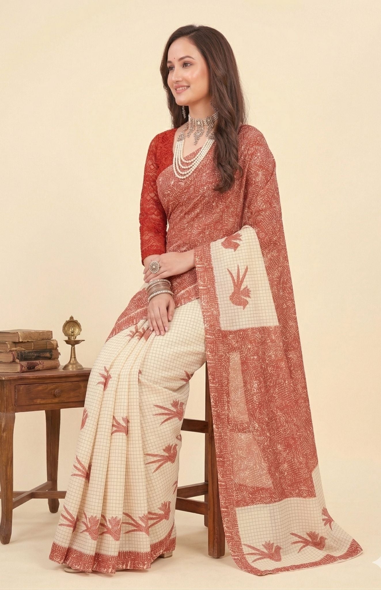 Srimoyee White & Red Shade Premium Cotton Saree