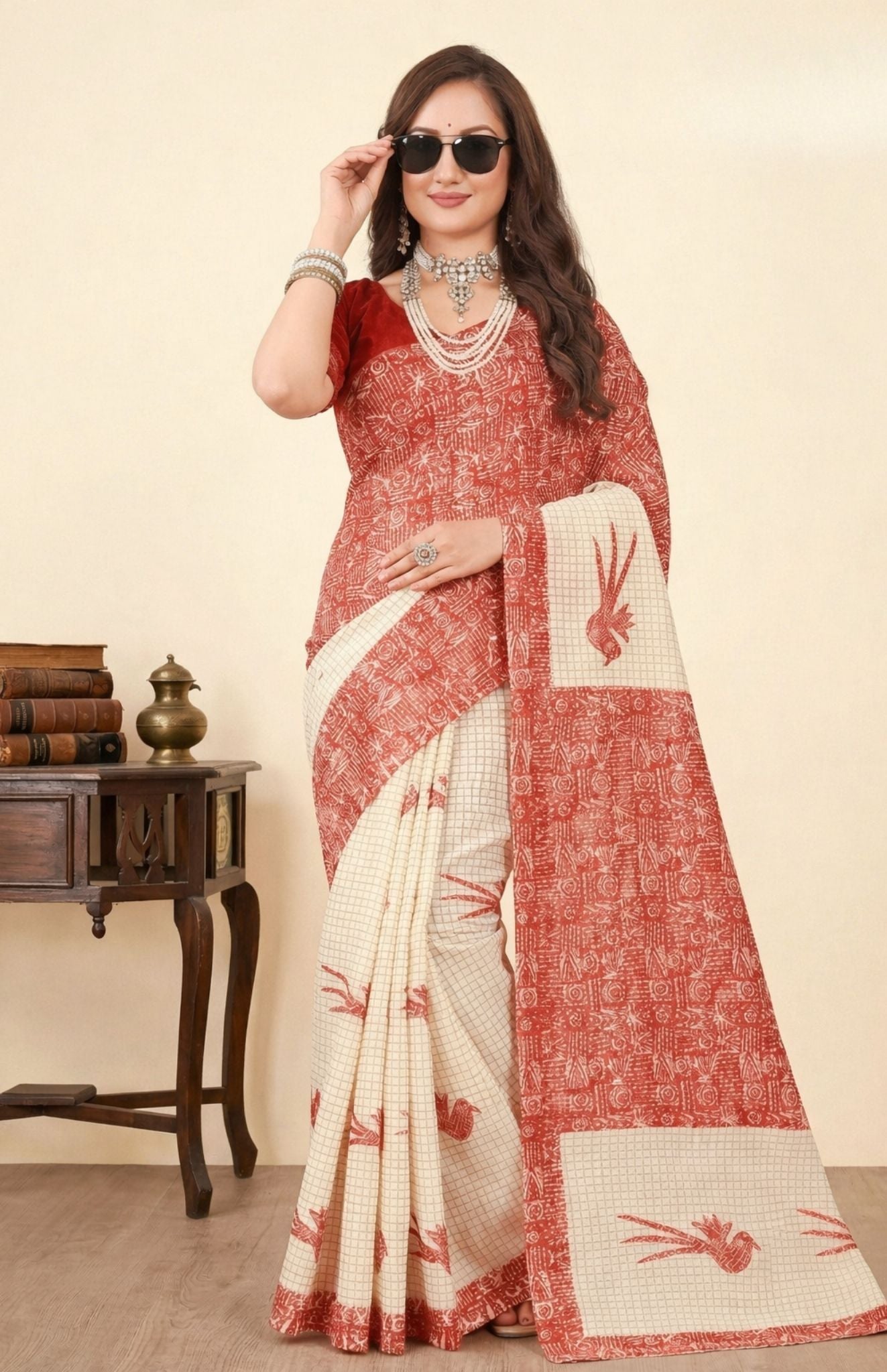 Srimoyee White & Red Shade Premium Cotton Saree