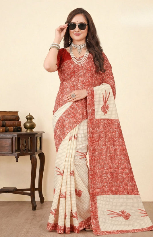 Srimoyee White & Red Shade Premium Cotton Saree