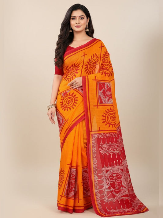 Srimoyee Jamini Orange Premium Cotton Printed Saree
