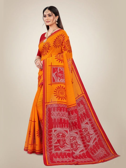 Srimoyee Jamini Orange Premium Cotton Printed Saree