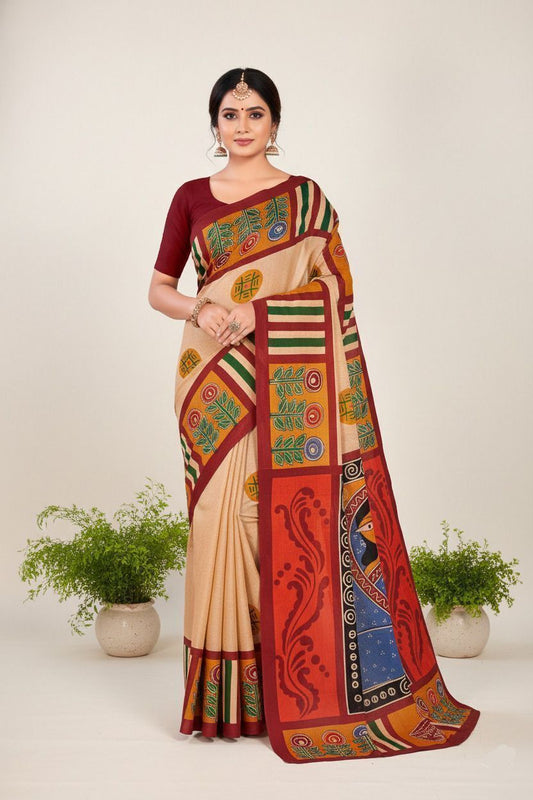 Srimoyee Cream & Maroon Folk Art Printed Saree