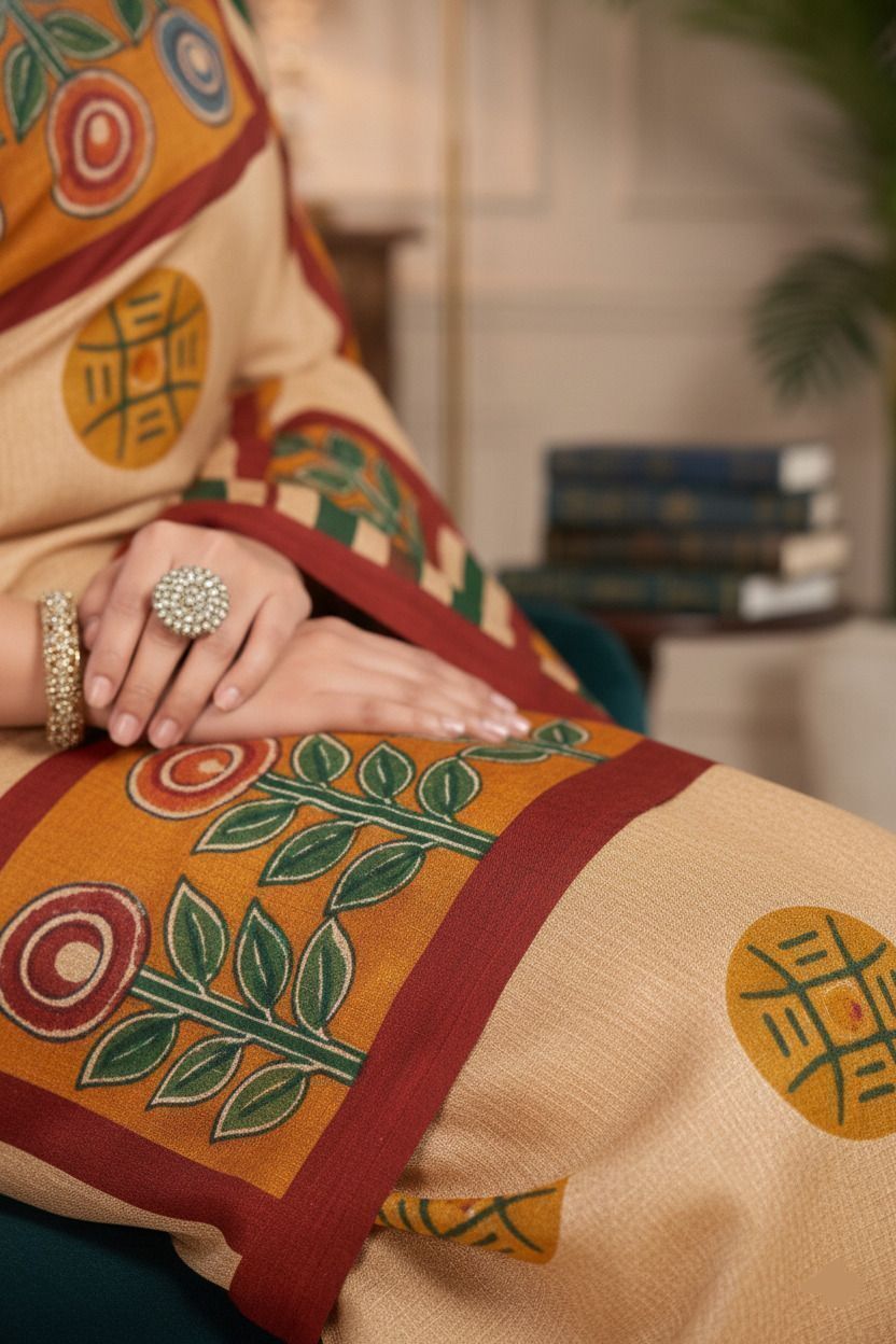 Srimoyee Cream & Maroon Folk Art Printed Saree