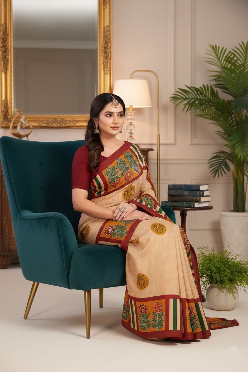 Srimoyee Cream & Maroon Folk Art Printed Saree