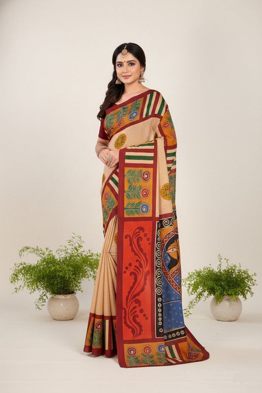 Srimoyee Cream & Maroon Folk Art Printed Saree