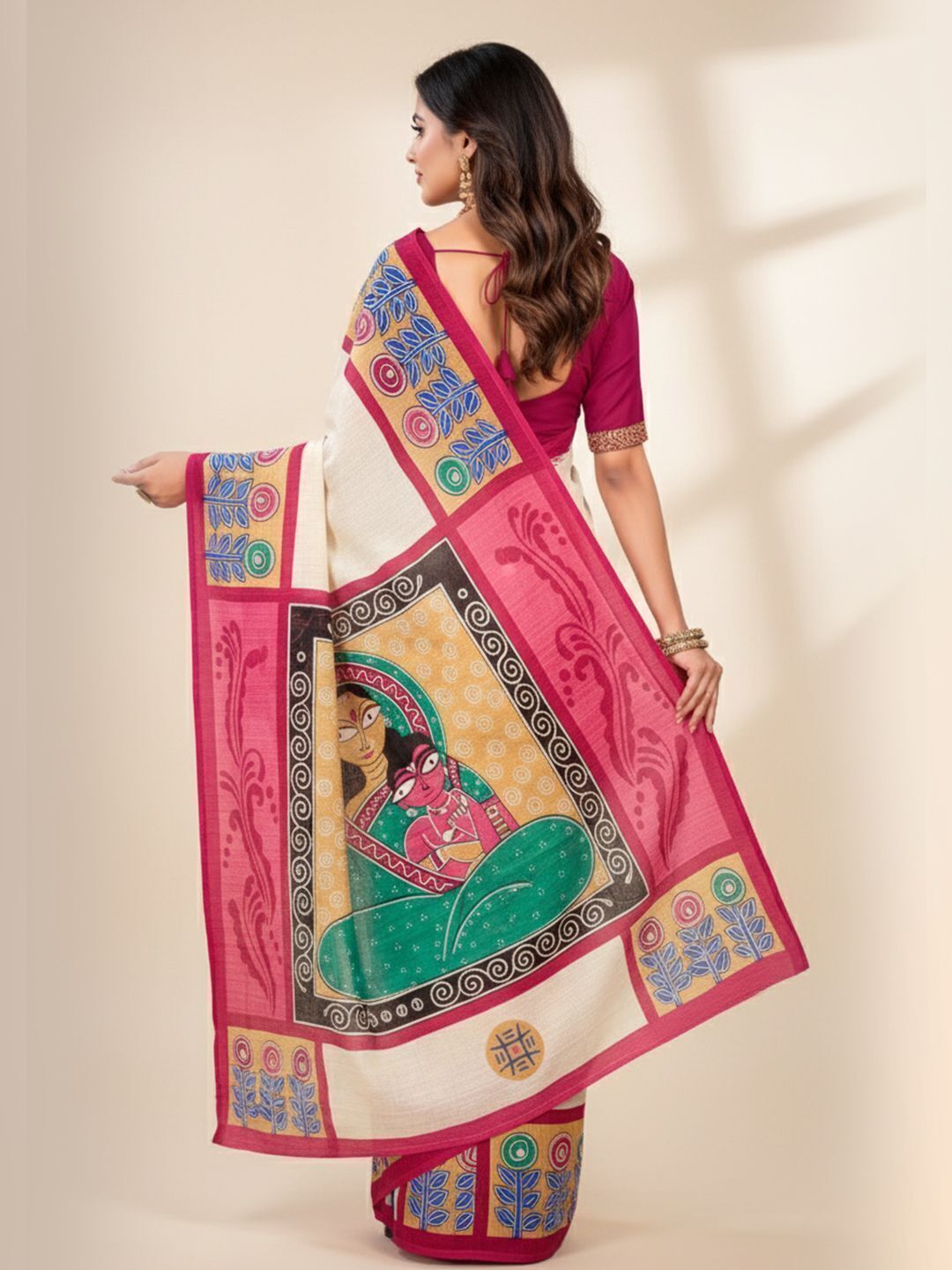 Srimoyee Off-White & Rani Pink Folk Motif Saree
