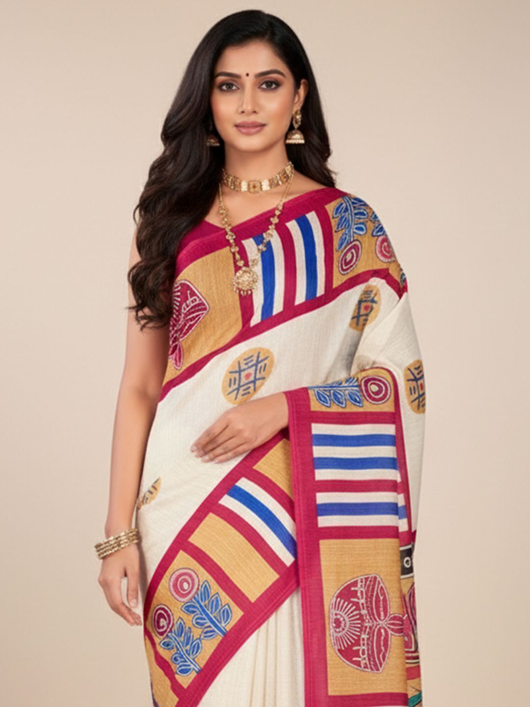 Srimoyee Off-White & Rani Pink Folk Motif Saree