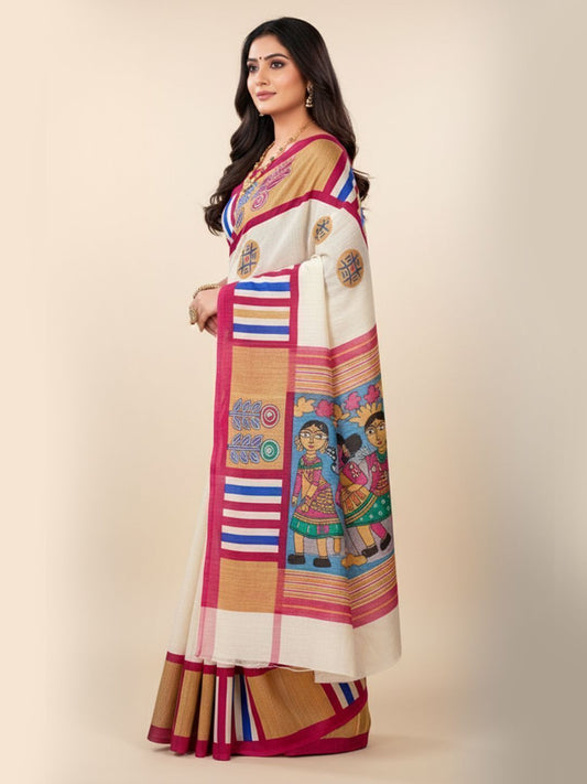 Srimoyee Off-White & Rani Pink Folk Motif Saree