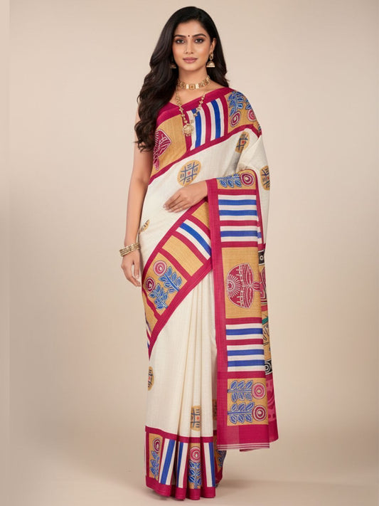 Srimoyee Off-White & Rani Pink Folk Motif Saree
