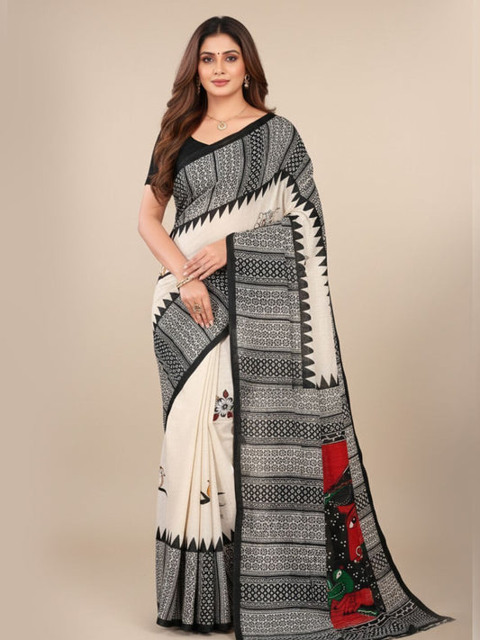 Srimoyee V-5 pure cotton half-half printed saree – Minu Fashions