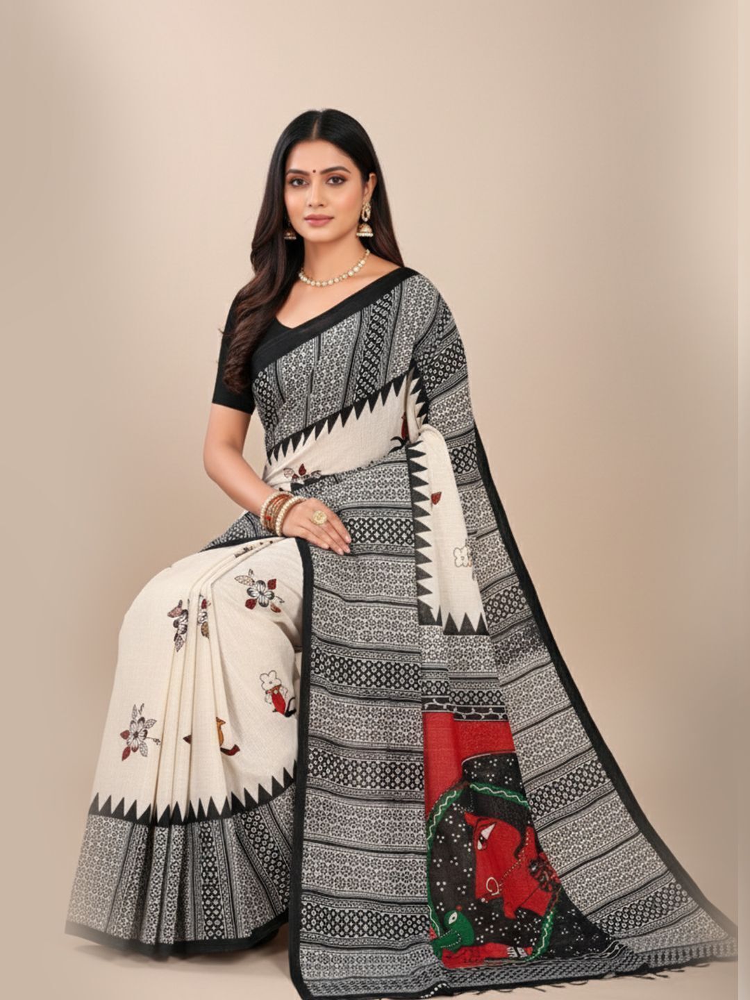 Srimoyee Pure Cotton Half-Half Printed Saree