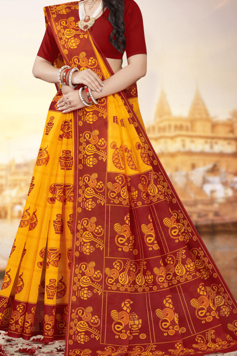 Monica Yellow & Red Traditional Cotton Saree