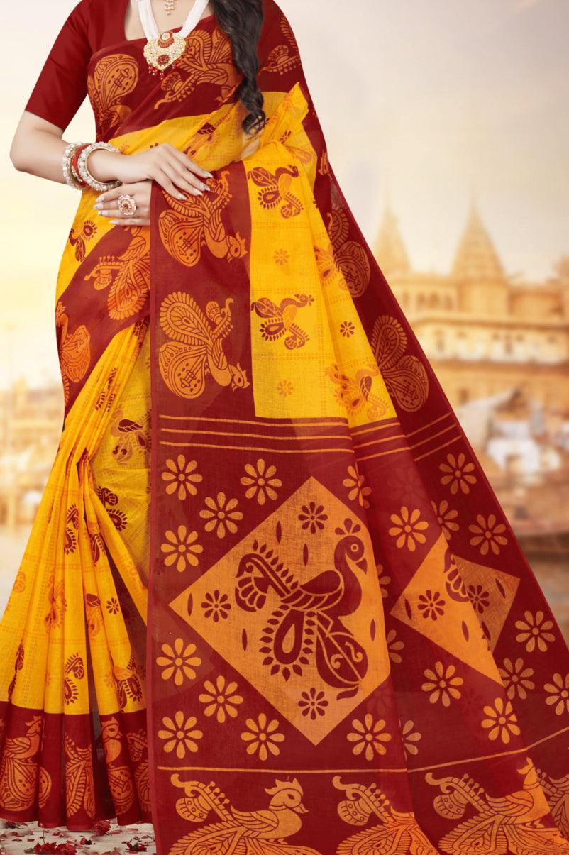 Monica Yellow & Red Traditional Cotton Saree