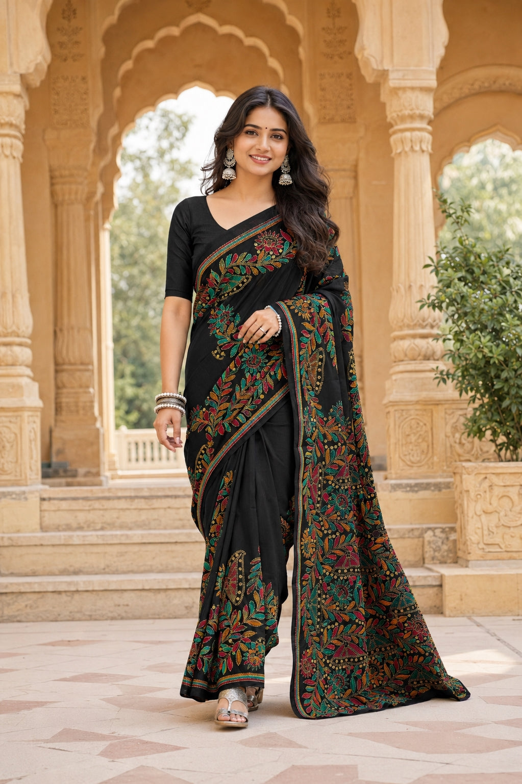 Minu Nakshi Kantha Women's Black Pure Cotton Floral Printed Saree