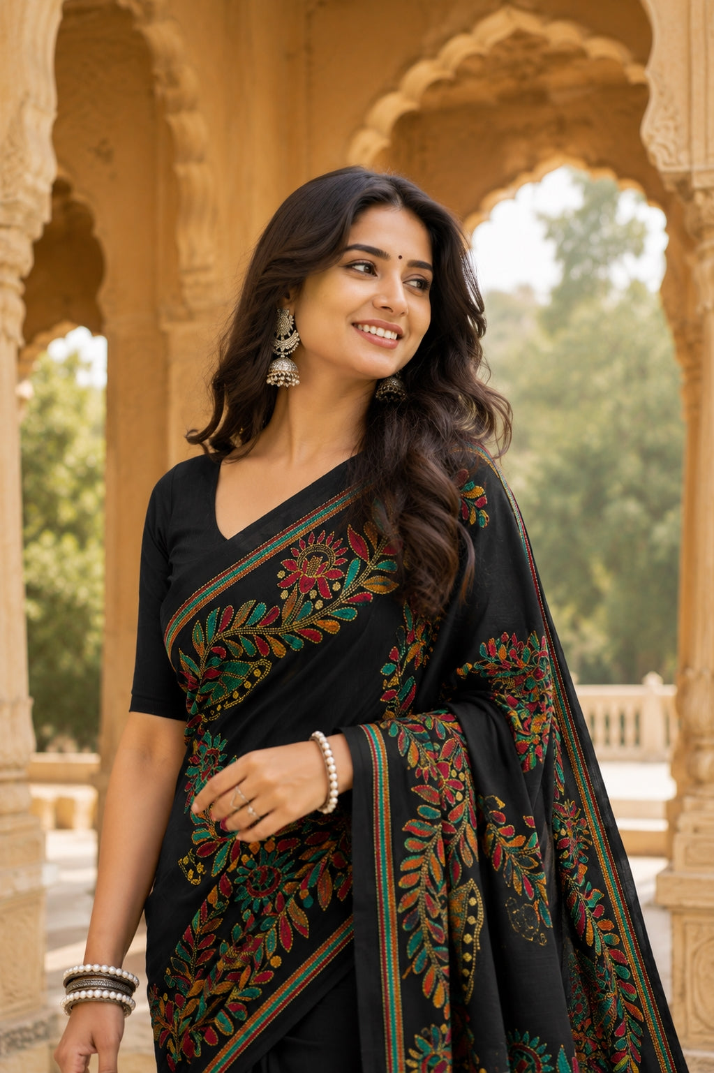 Minu Nakshi Kantha Women's Black Pure Cotton Floral Printed Saree