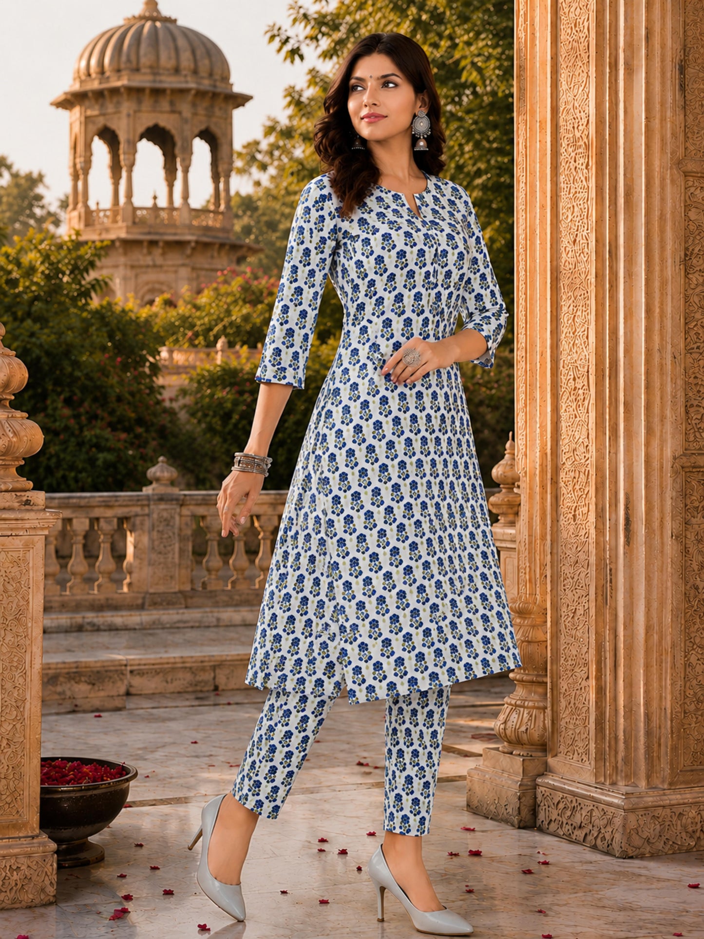 Parineeti Women Green Floral Printed Rayon A-Line Co-Ord Set with Trousers | Ank