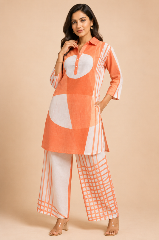 Juni Orange Abstract Printed Co-Ord Set
