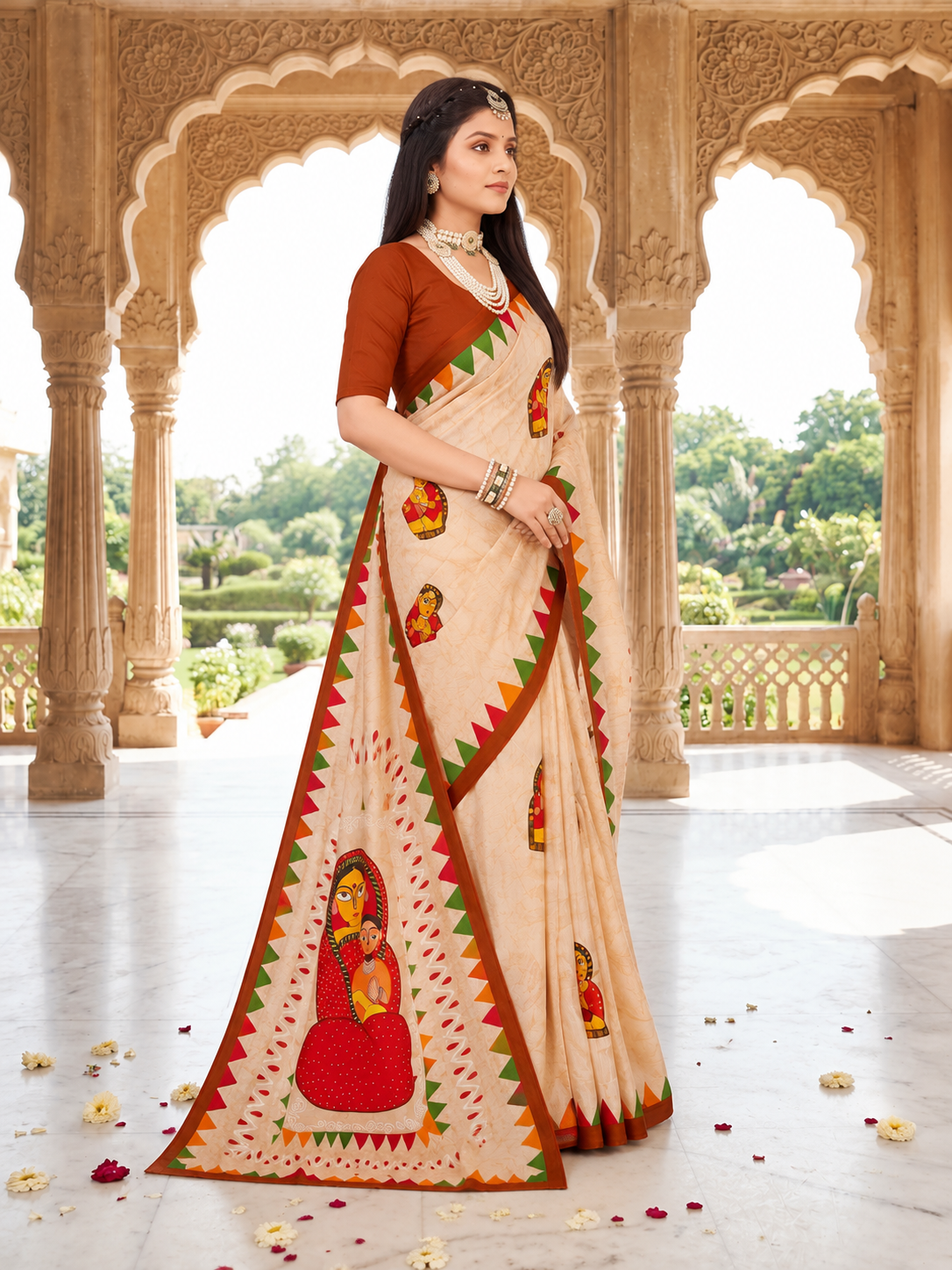 Digital Fashion Beige Idol Cotton Pritned Saree