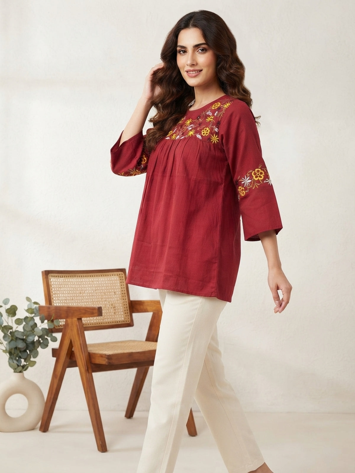 Prakriti Women Maroon Floral Printed Rayon Kurti with Round Neck & Three-Quarter Sleeves | Ank