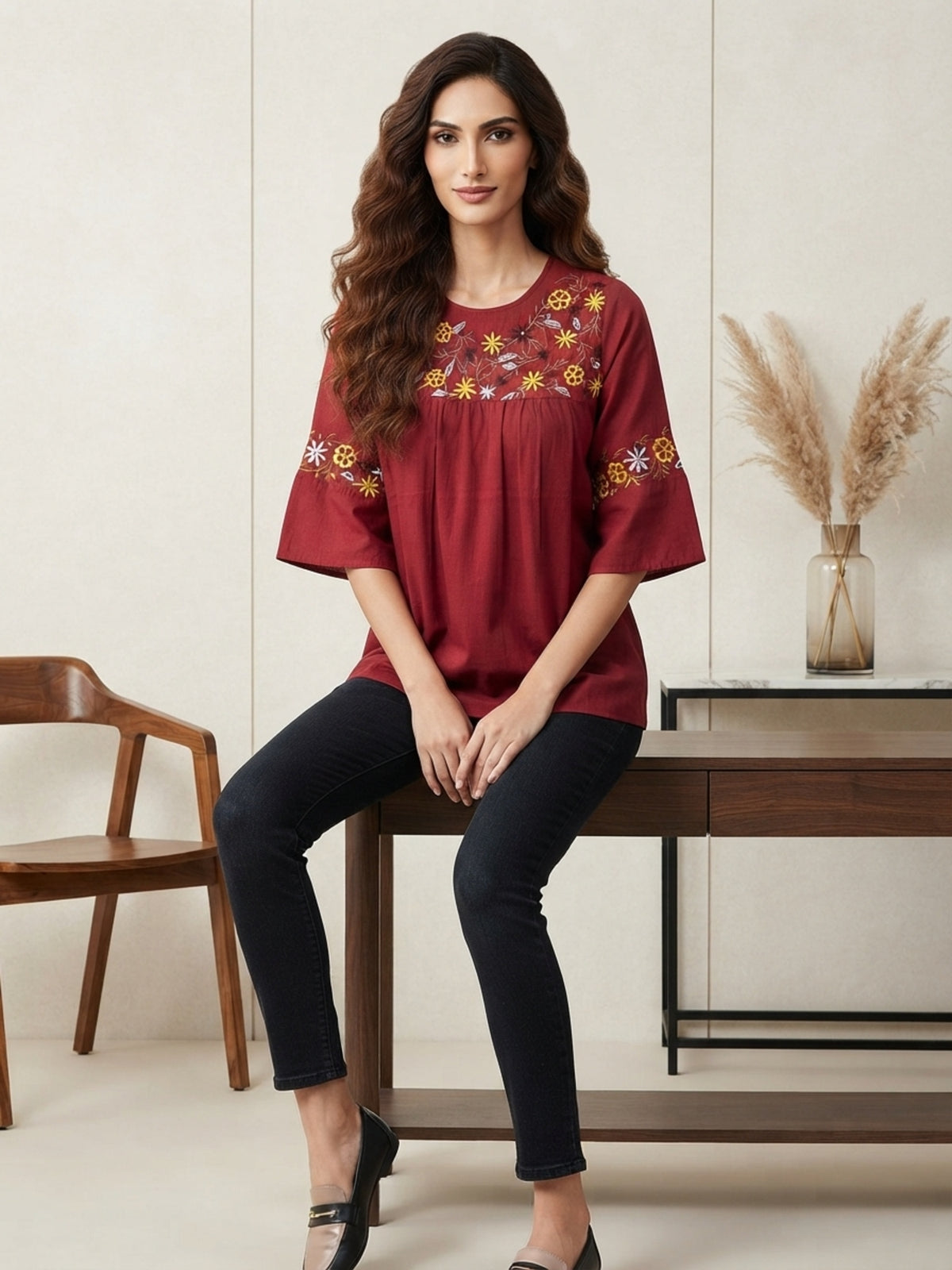 Prakriti Women Maroon Floral Printed Rayon Kurti with Round Neck & Three-Quarter Sleeves | Ank