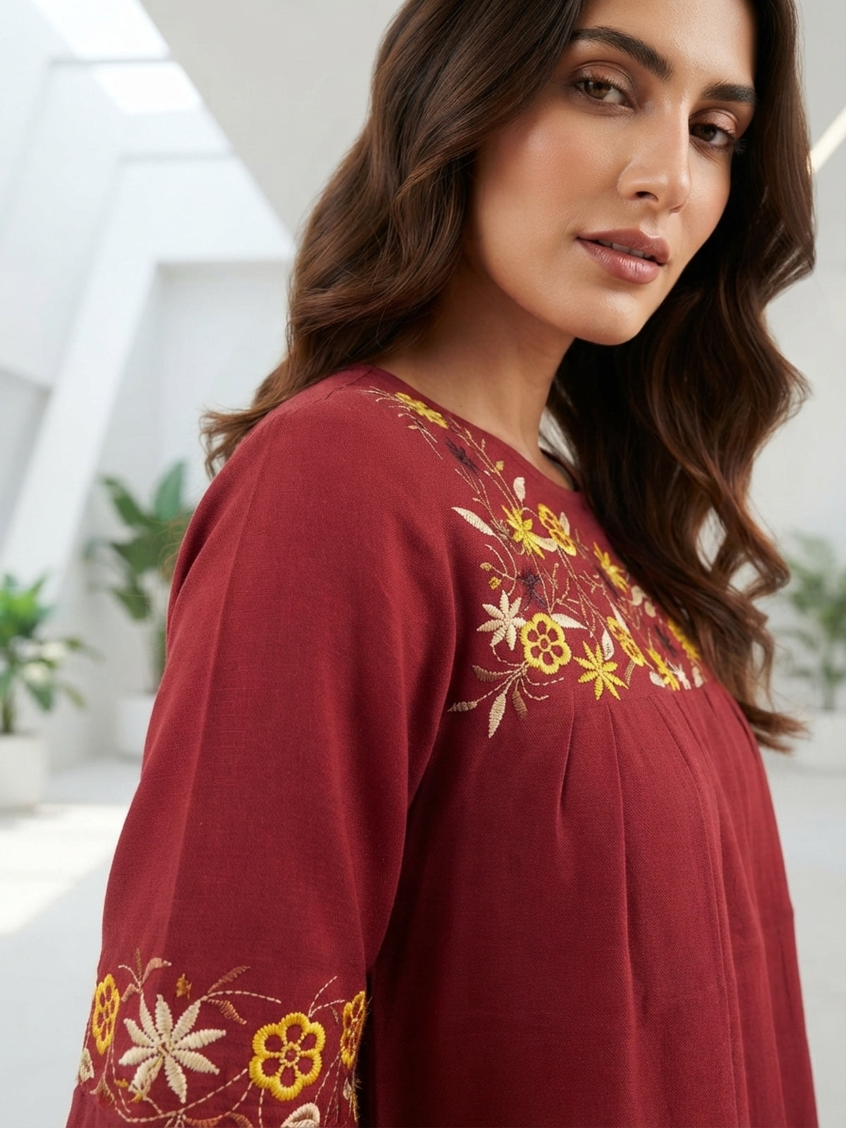 Prakriti Women Maroon Floral Printed Rayon Kurti with Round Neck & Three-Quarter Sleeves | Ank