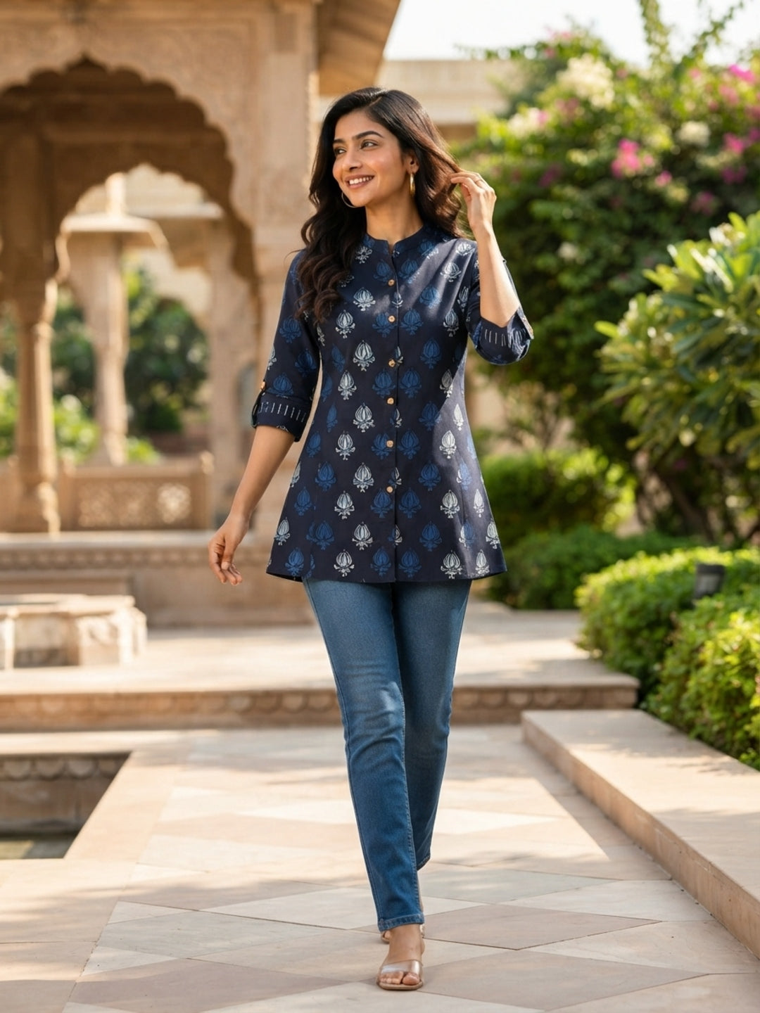 Minu Fashions Ayesha Ajrakh Floral Print Pure Cotton Straight Tunic Short Top for Women