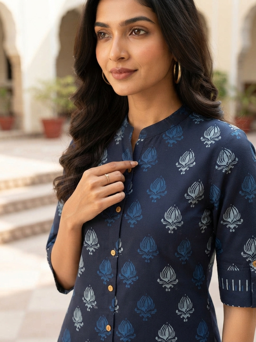 Minu Fashions Ayesha Ajrakh Floral Print Pure Cotton Straight Tunic Short Top for Women