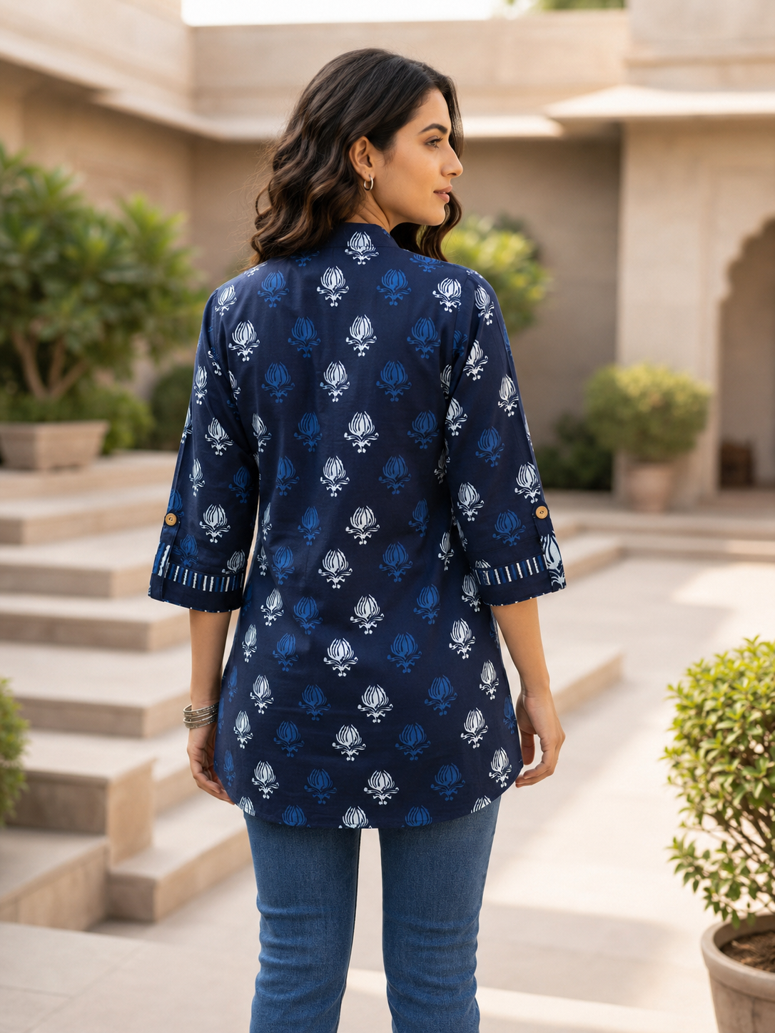 Minu Fashions Ayesha Ajrakh Floral Print Pure Cotton Straight Tunic Short Top for Women