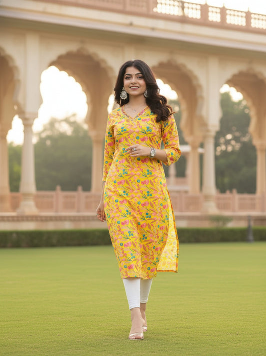 V-Neck Three-Quarter Sleeve Yellow Print Casual Kurti
