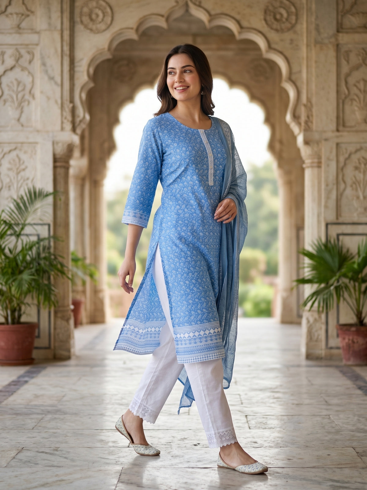 Nizam Women Pure Cotton Printed Ethnic Kurta Set with Matching Trousers, Round Neck, 3/4 Sleeves & Straight Fit for Casual, Office & Festive Wear | Ank