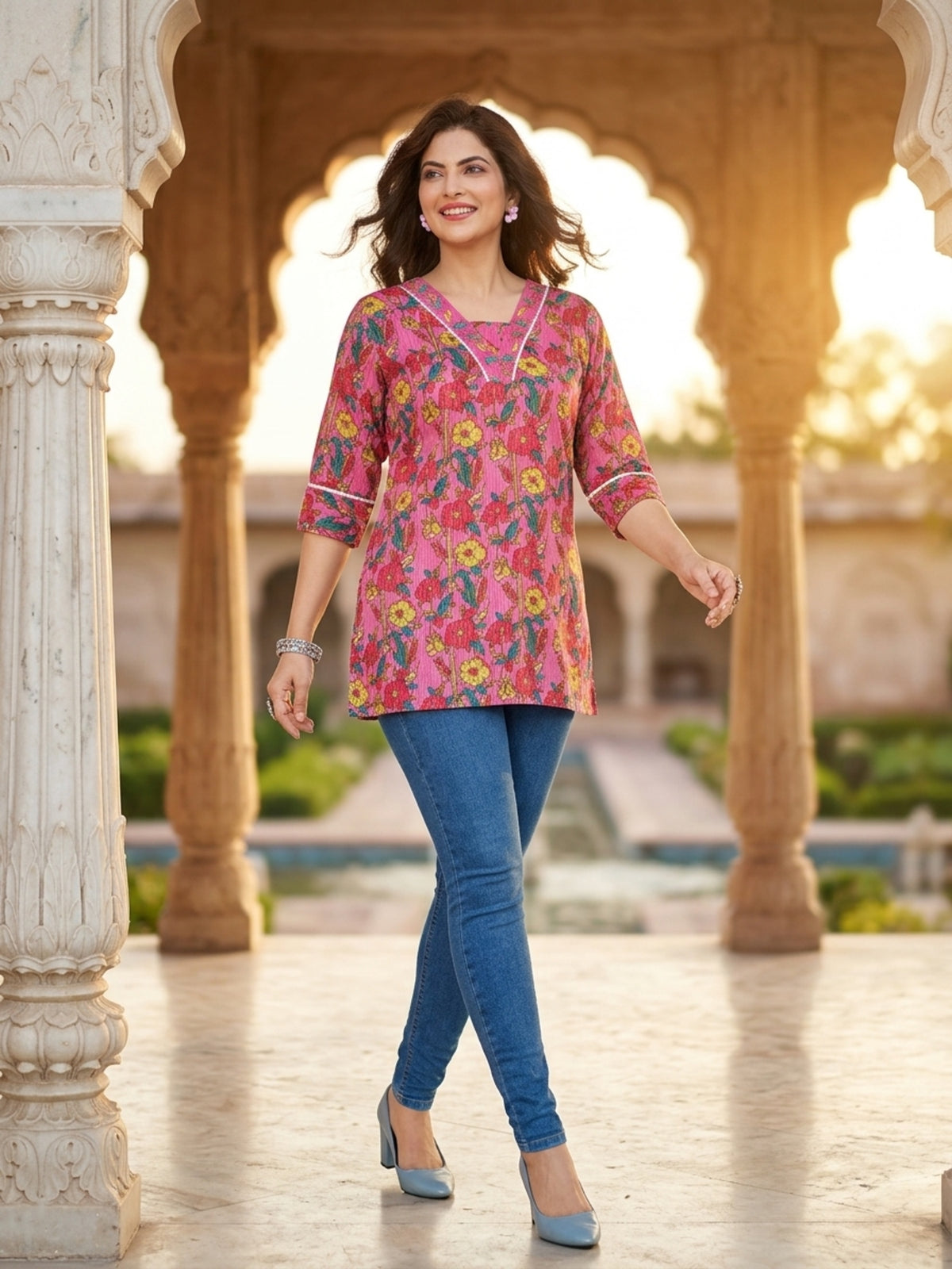 Pink Floral Print Cotton Short Kurti with Lace Detail V-Neck