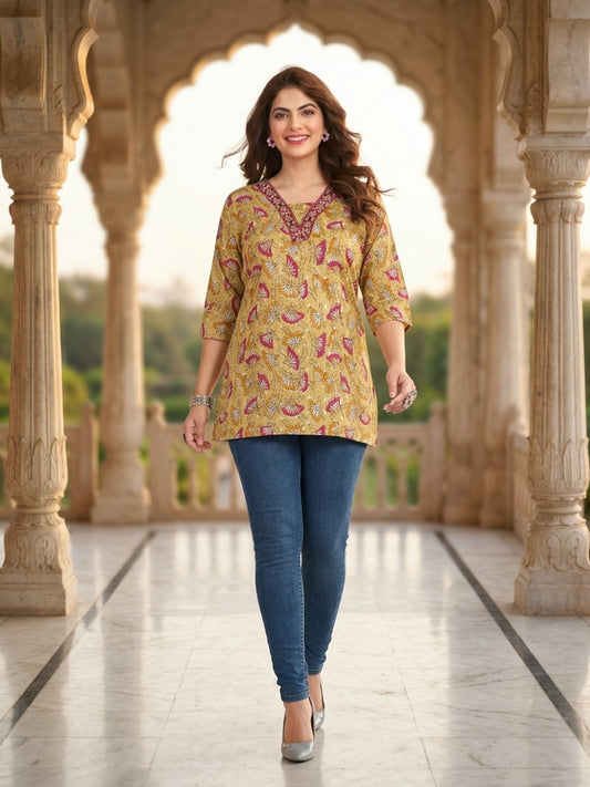 Pure Cotton Floral Print Short Kurti with Embroidered V-Neck Tunic