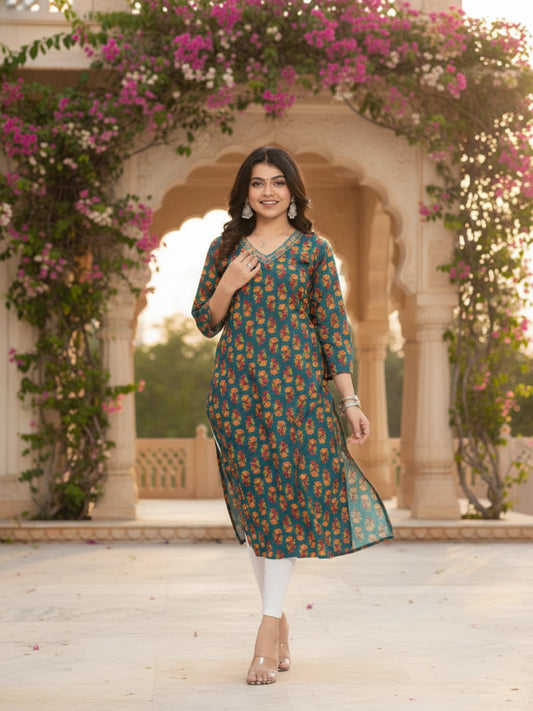 Teal Green Floral Printed Cotton Kurta with V-Neck