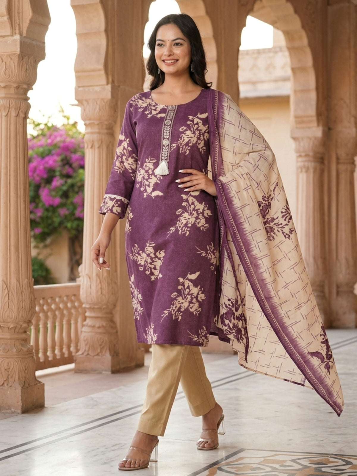 Stella Women Modal Flower Printed Kurta with Solid Trouser & Matching Dupatta Set | Round Neck 3/4 Sleeves Woven Kurta with Elasticated Waistband | Slip-On Bottom | Ethnic Wear | Ank