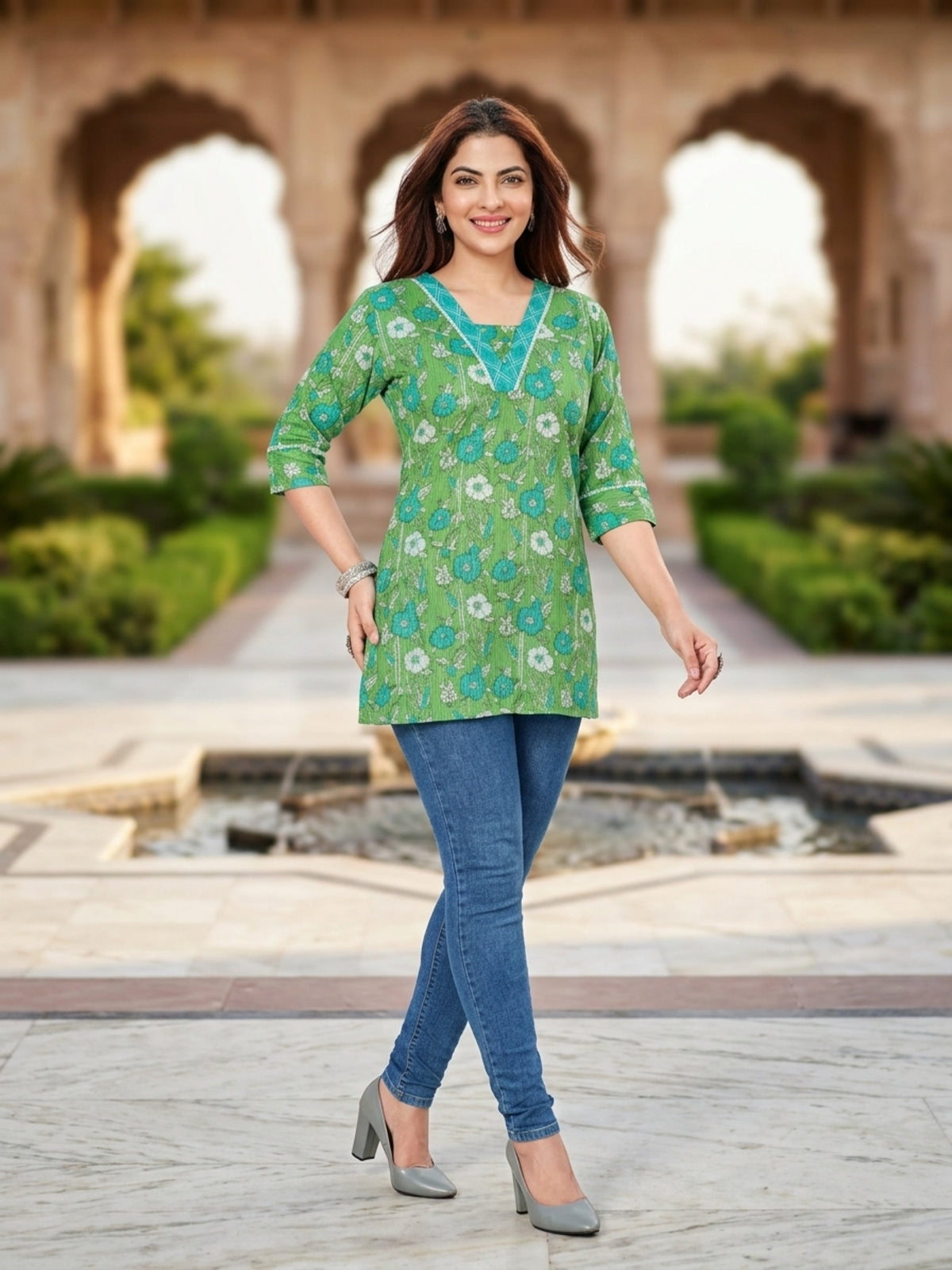 Green Floral Print Cotton Short Kurti with V-Neck