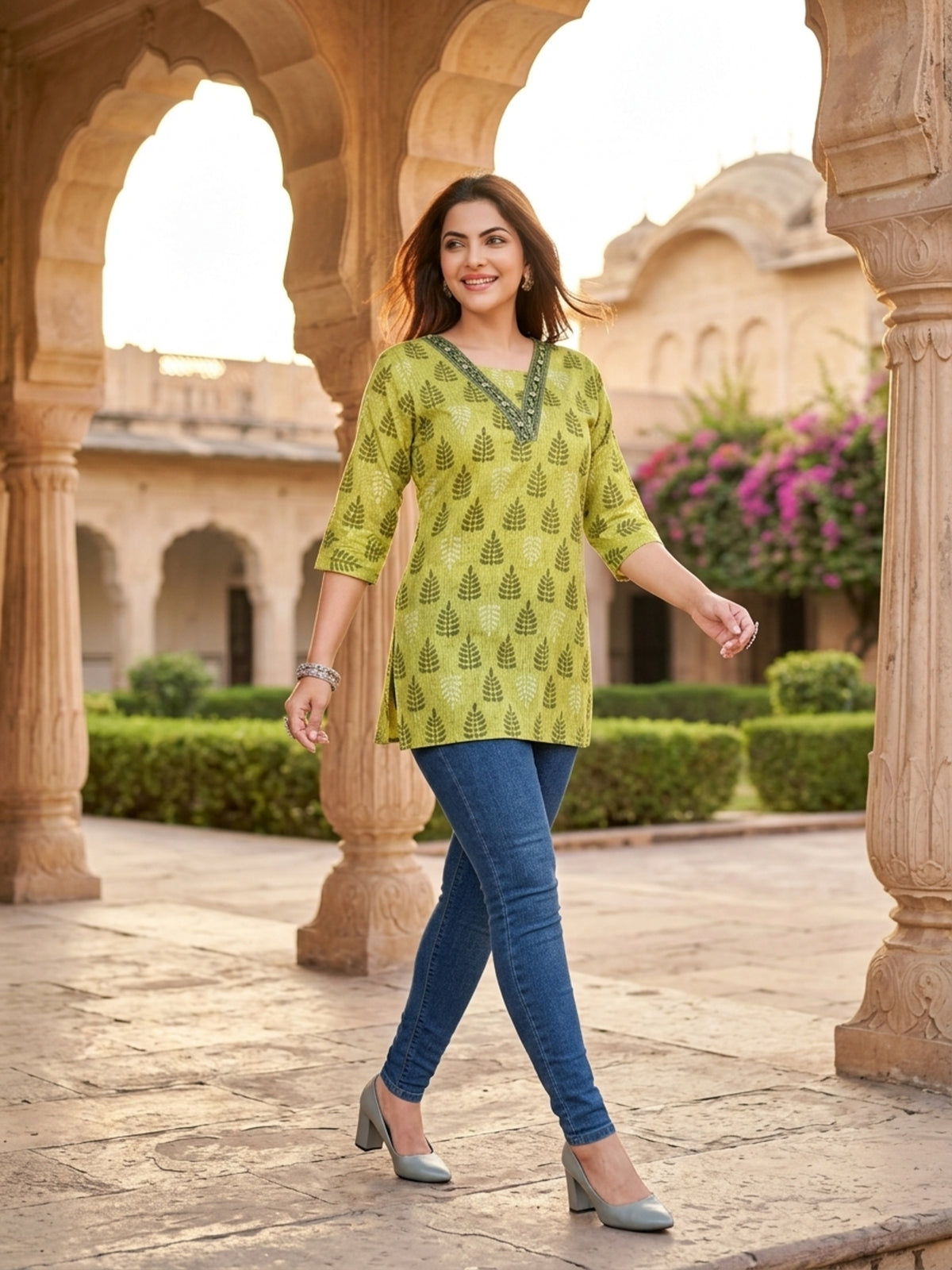 Lime Green Leaf Printed Cotton Blend Short Kurti