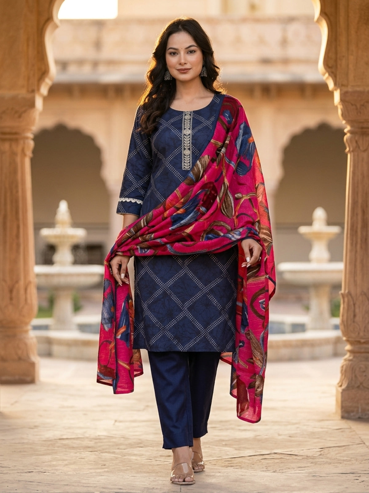 Stella Women Modal Flower Printed Kurta with Solid Trouser & Matching Dupatta Set | Round Neck 3/4 Sleeves Woven Kurta with Elasticated Waistband | Slip-On Bottom | Ethnic Wear | Ank
