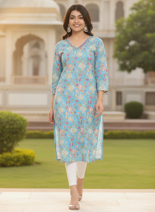 Women Sky Blue Floral Printed Pure Cotton Straight Kurti