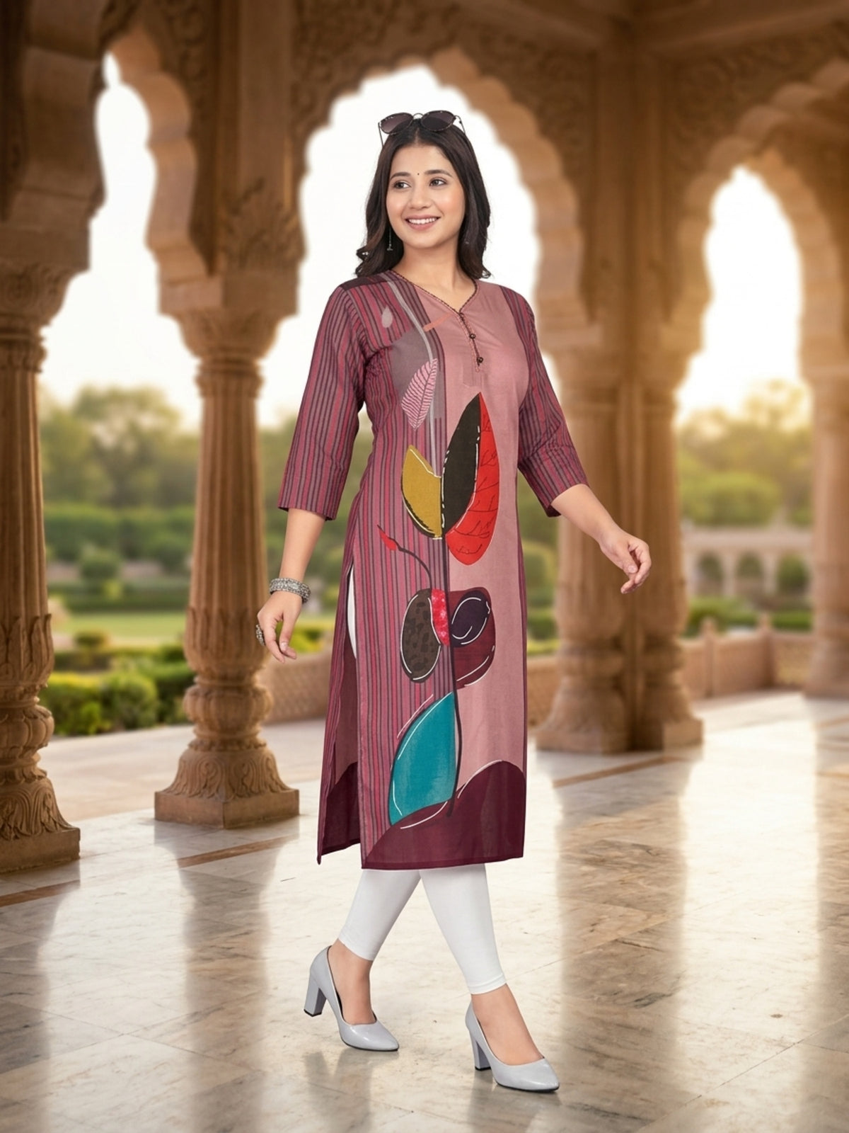 Priyanshi Women Ethnic Motifs Satin Cotton Kurti with Round Neck & Three-Quarter Sleeves
